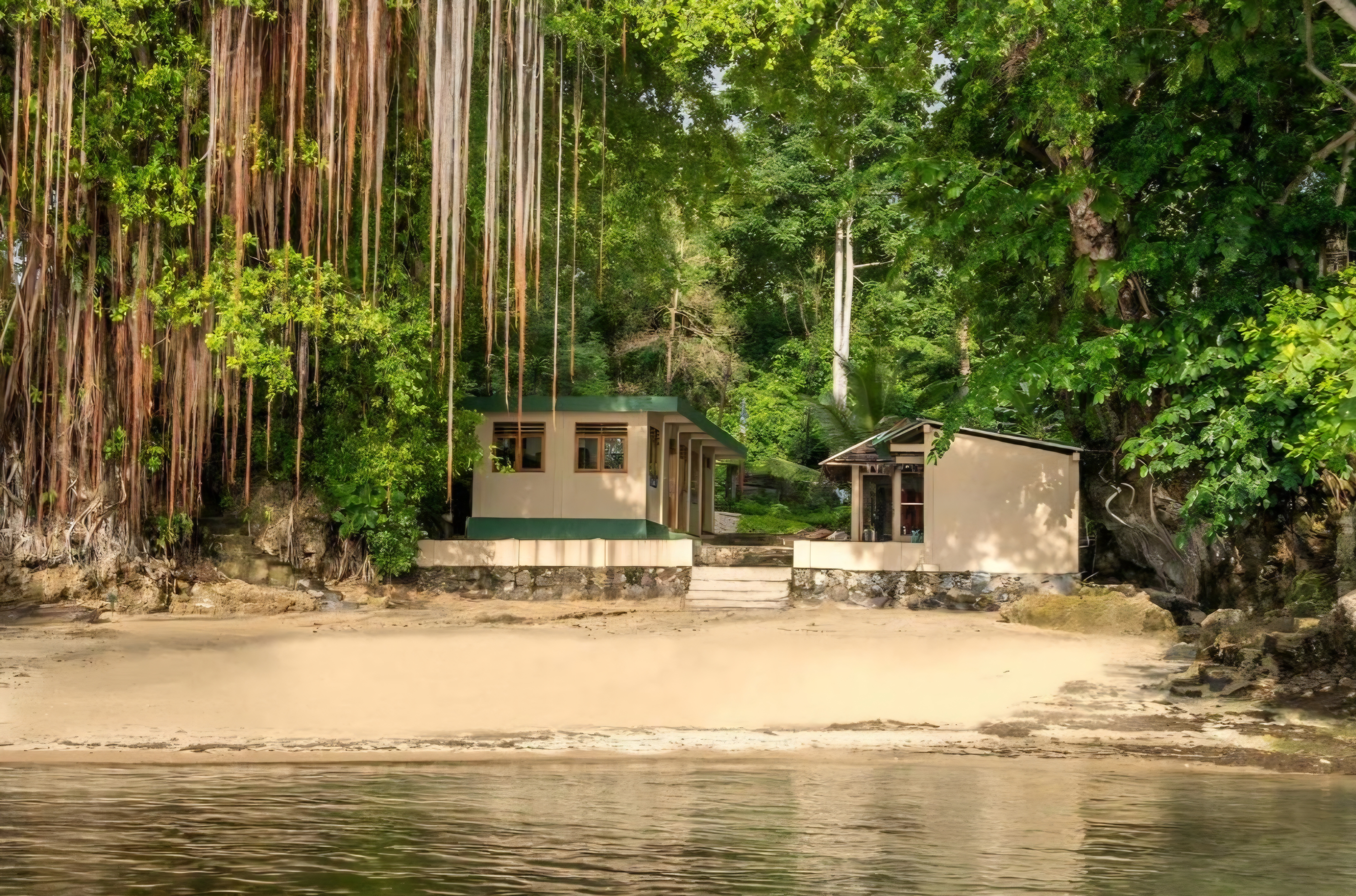 The dive centre building tucked beneath the trees on Seabreeze's private beach