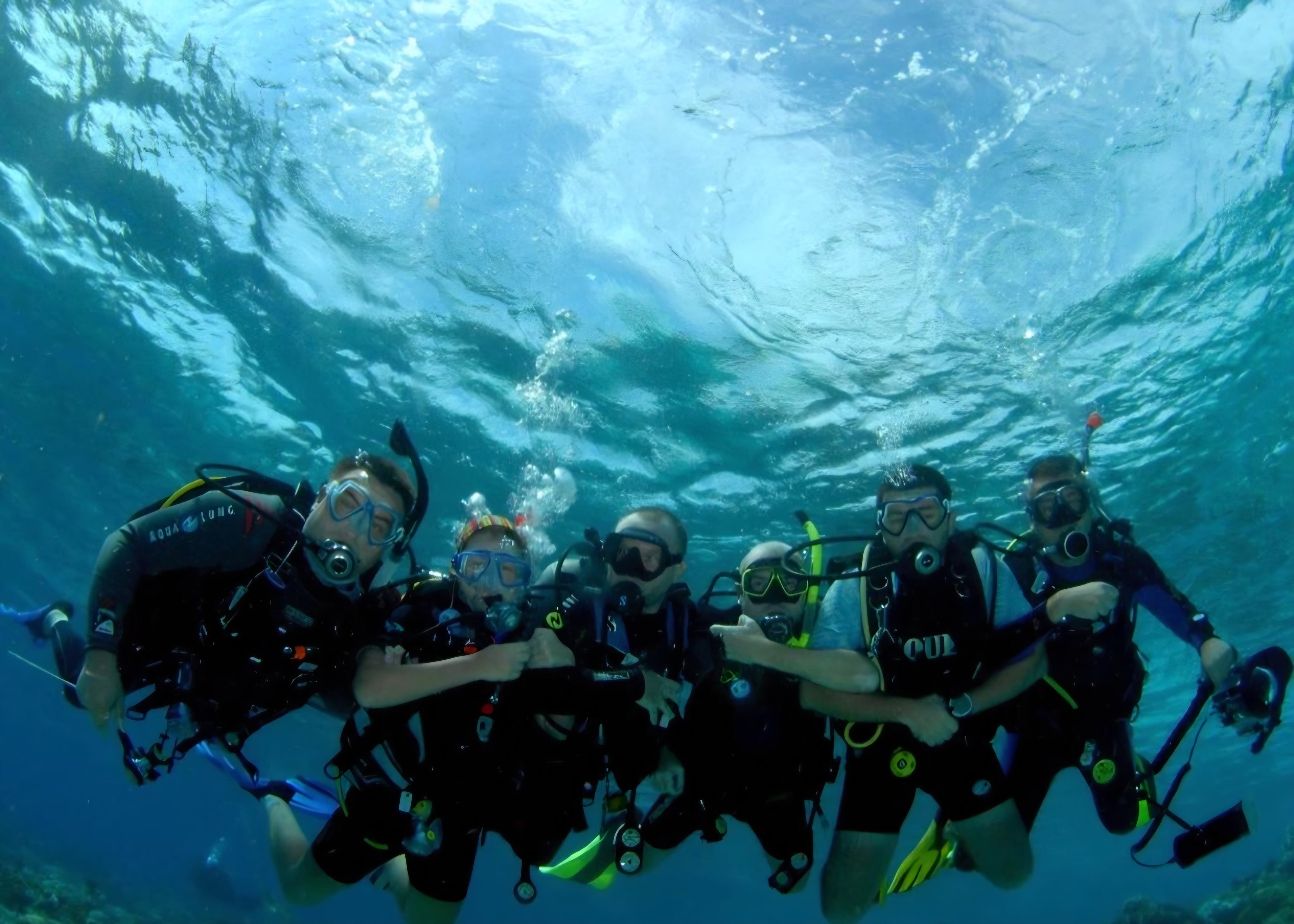 A group of divers giving the thumbs-up underwater near the reef wall